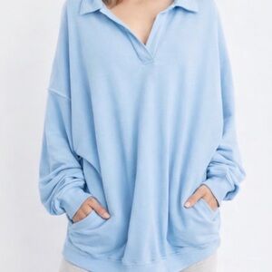 Aerie Happy Henley Everyday Polo Sweatshirt in Blue Breeze